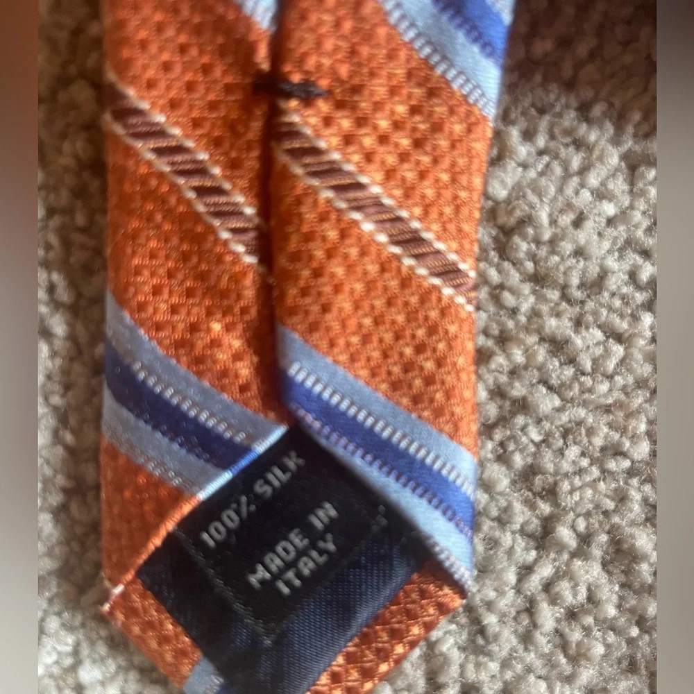 Jos A Bank 100% Silk Orange Blue Stripe Tie Made in Italy 59”